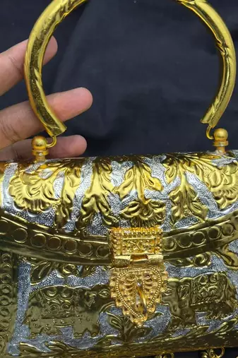 Handcrafted Dual Tone Metal Clutch, Embossed Elephant Evening Bag, Chitai Work Brass Purse