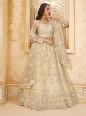 White Embroidered Net Thread Work Lehenga Choli - Free size 1