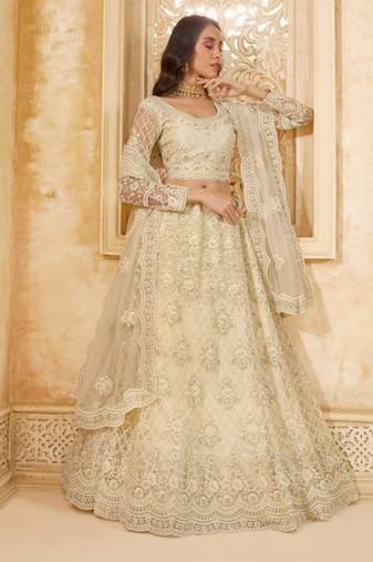White Embroidered Net Thread Work Lehenga Choli - Free size