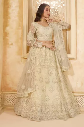 White Embroidered Net Thread Work Lehenga Choli - Free size