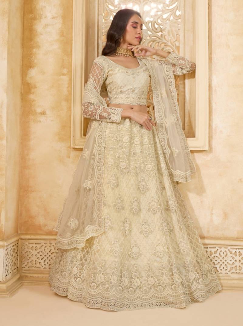 White Embroidered Net Thread Work Lehenga Choli - Free size