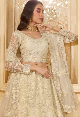 White Embroidered Net Thread Work Lehenga Choli - Free size 2