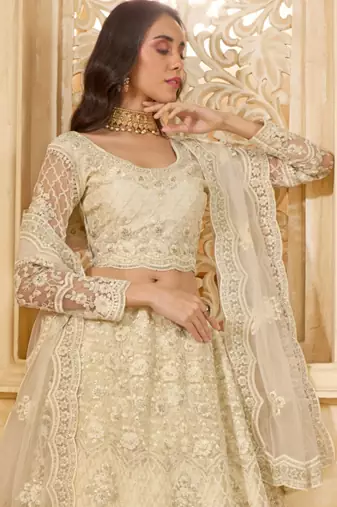 White Embroidered Net Thread Work Lehenga Choli - Free size