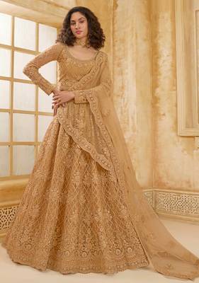 Fawn Embroidered Net Thread Work Lehenga Choli - Free size 1