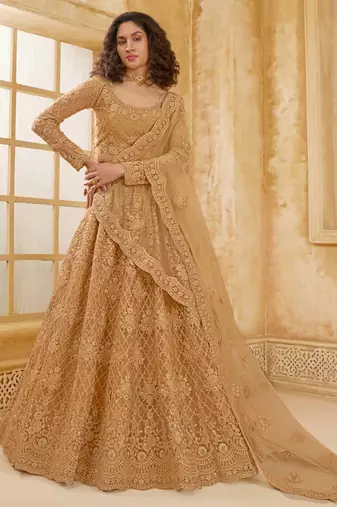 Fawn Embroidered Net Thread Work Lehenga Choli - Free size