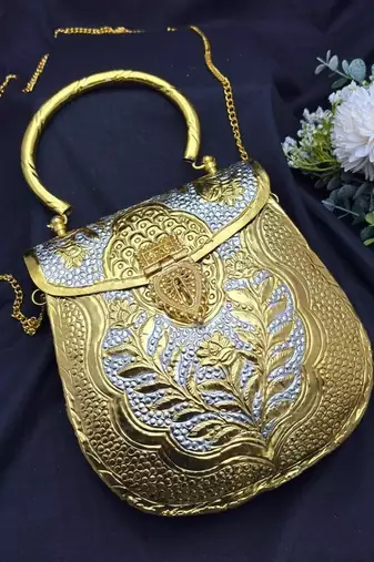 Vintage Gold & Silver Embossed Handbag, Ethnic Bridal Clutch Purse