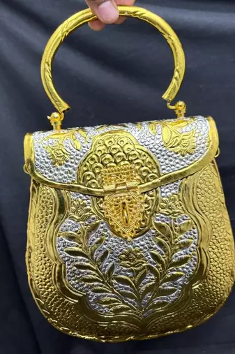 Vintage Gold & Silver Embossed Handbag, Ethnic Bridal Clutch Purse