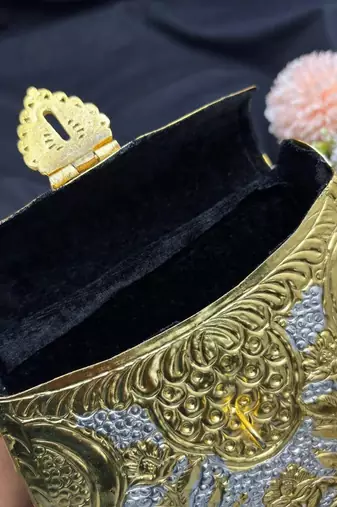 Vintage Gold & Silver Embossed Handbag, Ethnic Bridal Clutch Purse