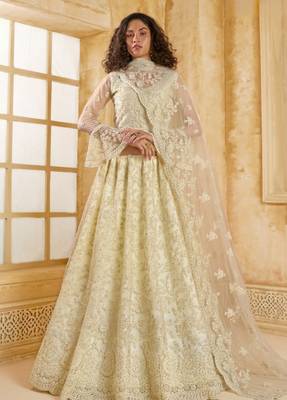 White Embroidered Net Thread Work Lehenga Choli - Free size 1