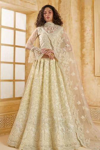 White Embroidered Net Thread Work Lehenga Choli - Free size