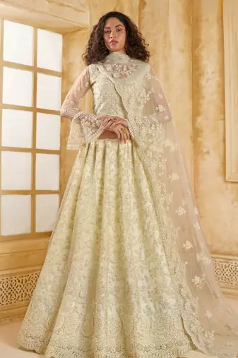 White Embroidered Net Thread Work Lehenga Choli - Free size