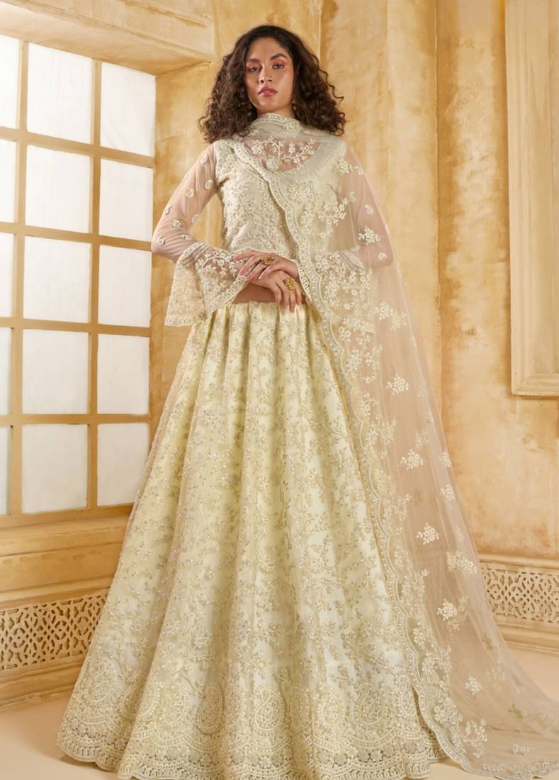 White Embroidered Net Thread Work Lehenga Choli - Free size