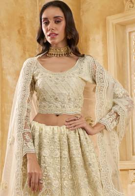 White Embroidered Net Thread Work Lehenga Choli - Free size 2