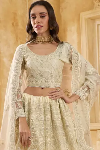 White Embroidered Net Thread Work Lehenga Choli - Free size