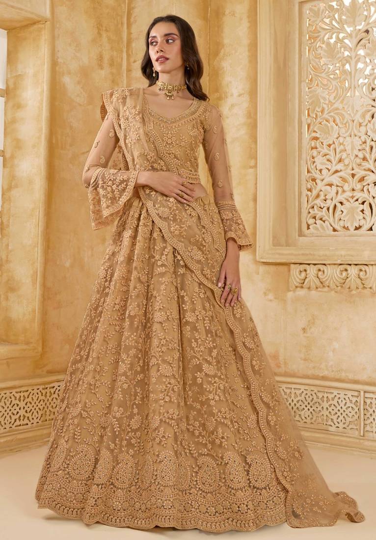 Fawn Embroidered Net Thread Work Lehenga Choli - Free size