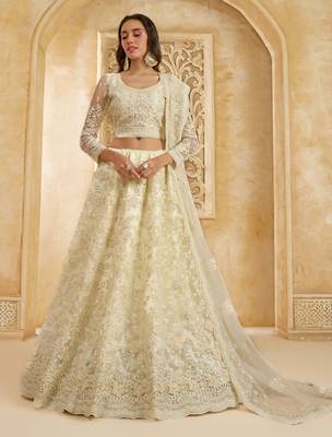 White Embroidered Net Thread Work Lehenga Choli - Free size 1