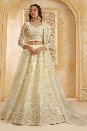 White Embroidered Net Thread Work Lehenga Choli - Free size