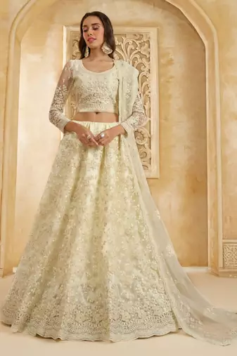 White Embroidered Net Thread Work Lehenga Choli - Free size