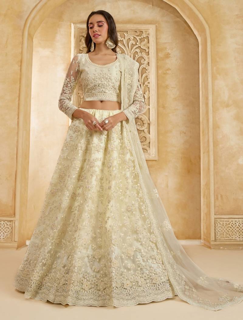 White Embroidered Net Thread Work Lehenga Choli - Free size
