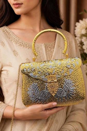 Vintage Brass Clutch Bag with Peacock Design,Ethnic Indian Metal Handbag