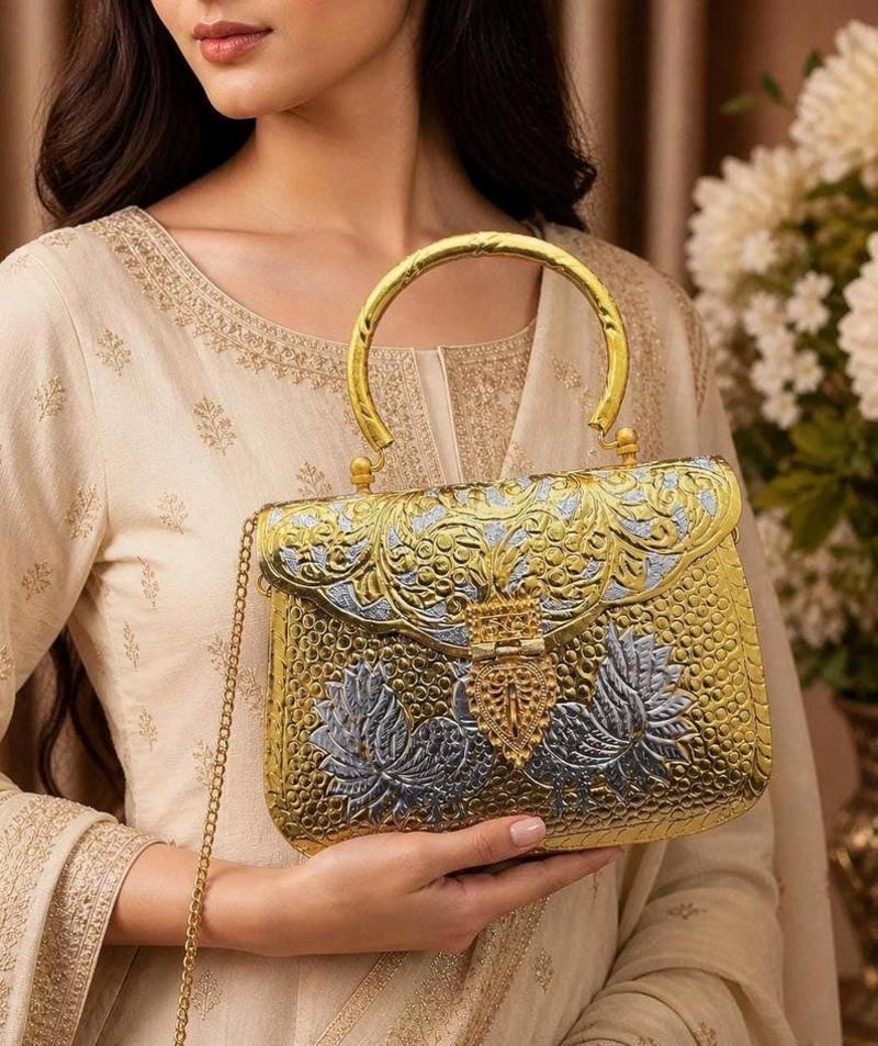 Vintage Brass Clutch Bag with Peacock Design,Ethnic Indian Metal Handbag