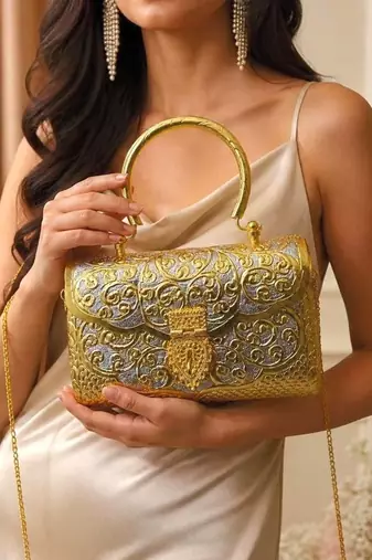 Vintage Style Gold & Silver Metal Clutch Bag, Ornate Floral Embossed Evening Purse