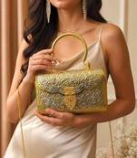 Vintage Style Gold & Silver Metal Clutch Bag, Ornate Floral Embossed Evening Purse