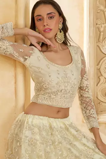 White Embroidered Net Thread Work Lehenga Choli - Free size