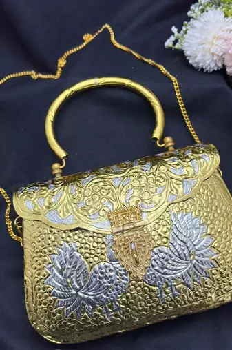 Vintage Brass Clutch Bag with Peacock Design,Ethnic Indian Metal Handbag