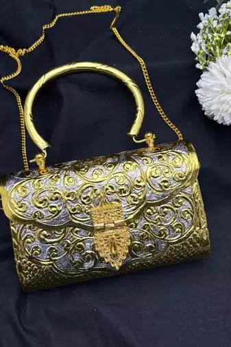 Vintage Style Gold & Silver Metal Clutch Bag, Ornate Floral Embossed Evening Purse