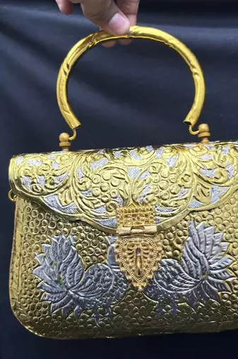 Vintage Brass Clutch Bag with Peacock Design,Ethnic Indian Metal Handbag