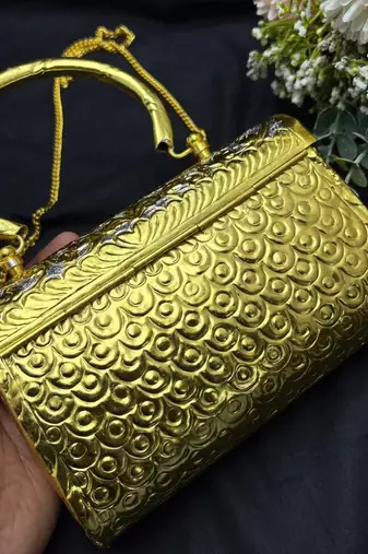 Vintage Style Gold & Silver Metal Clutch Bag, Ornate Floral Embossed Evening Purse