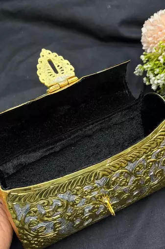 Vintage Style Gold & Silver Metal Clutch Bag, Ornate Floral Embossed Evening Purse