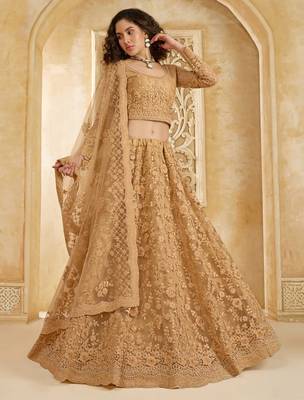 Fawn Embroidered Net Thread Work Lehenga Choli - Free size 1