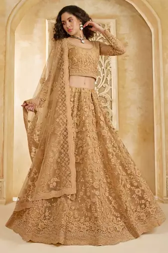 Fawn Embroidered Net Thread Work Lehenga Choli - Free size