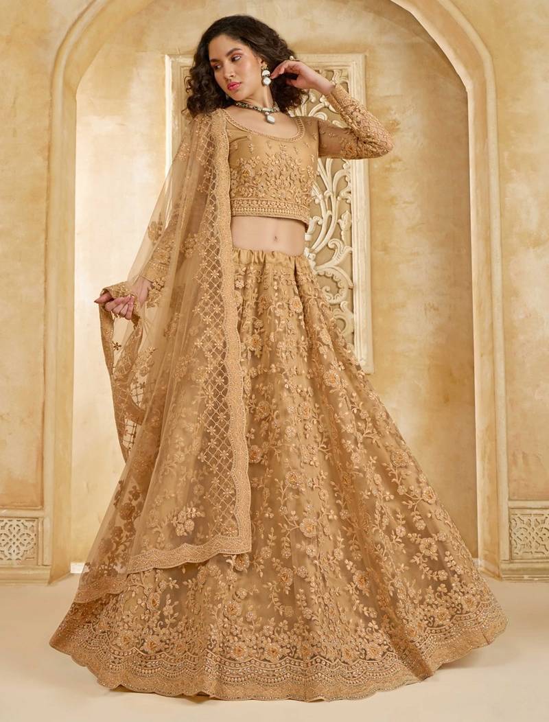 Fawn Embroidered Net Thread Work Lehenga Choli - Free size