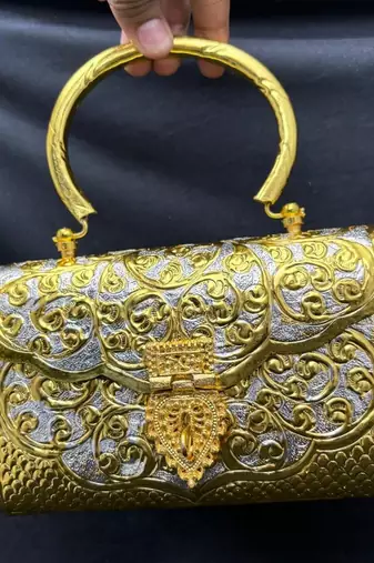 Vintage Style Gold & Silver Metal Clutch Bag, Ornate Floral Embossed Evening Purse