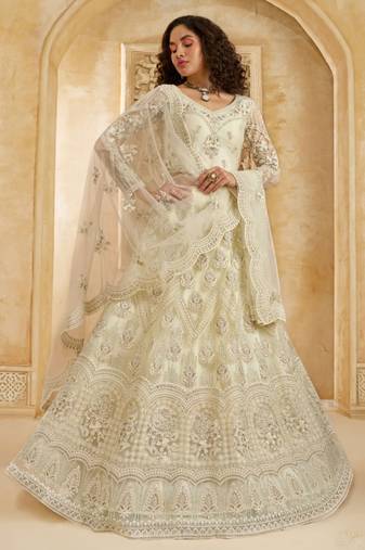 White Embroidered Net Thread Work Lehenga Choli - Free size