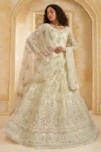 White Embroidered Net Thread Work Lehenga Choli - Free size