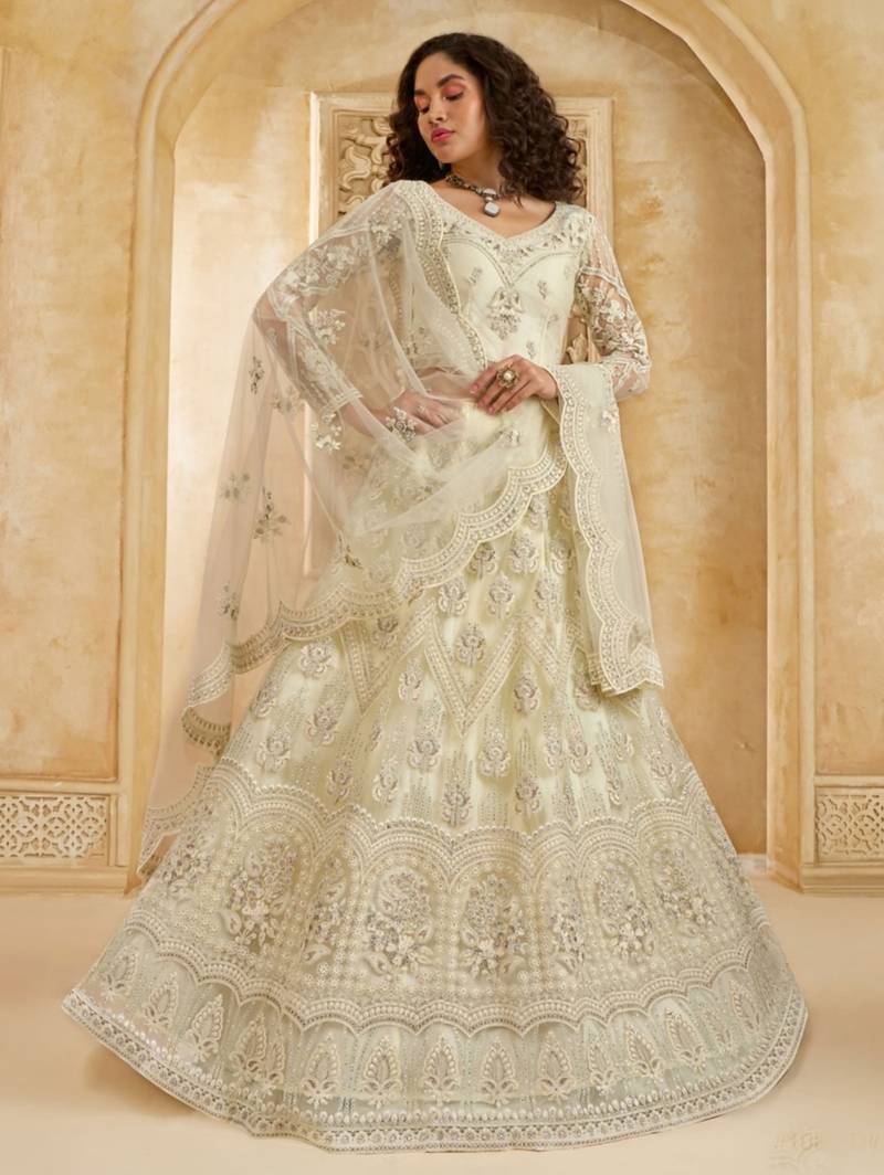 White Embroidered Net Thread Work Lehenga Choli - Free size