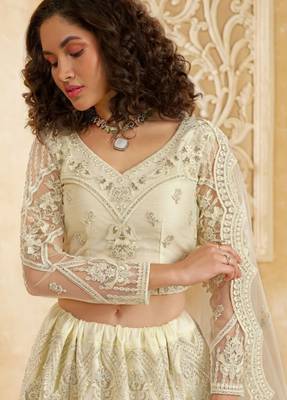 White Embroidered Net Thread Work Lehenga Choli - Free size 2