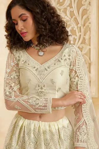 White Embroidered Net Thread Work Lehenga Choli - Free size