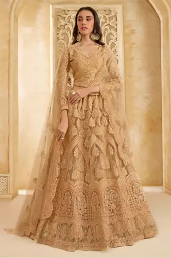Fawn Embroidered Net Thread Work Lehenga Choli - Free size