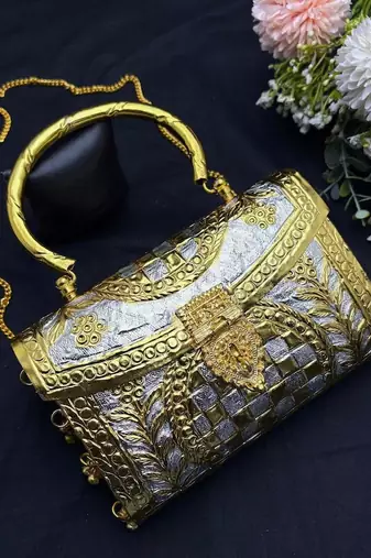 Vintage Style Dual-Tone Metal Clutch | Ornate Gold and Silver Evening Bag