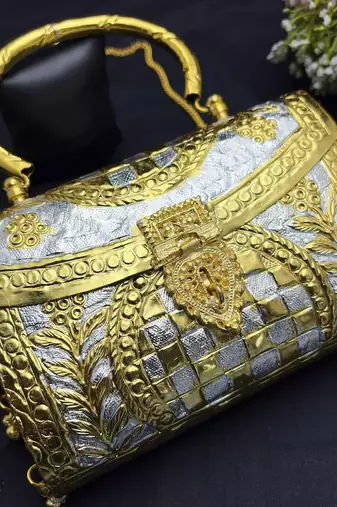 Vintage Style Dual-Tone Metal Clutch | Ornate Gold and Silver Evening Bag