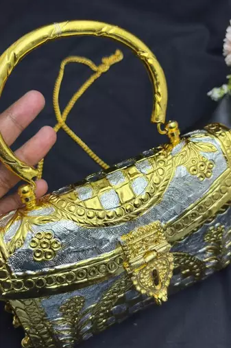 Vintage Style Dual-Tone Metal Clutch | Ornate Gold and Silver Evening Bag