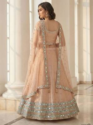 Peach Embroidered Silk Blend Thread Work Lehenga Choli - Free size 1