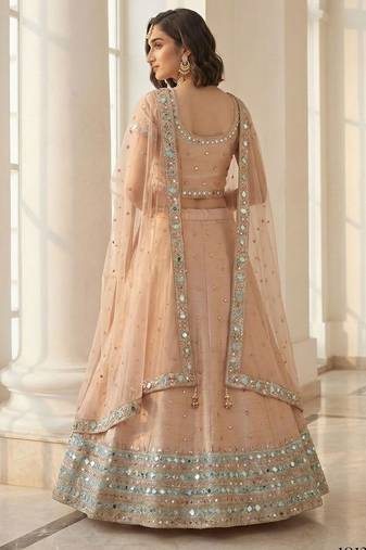 Peach Embroidered Silk Blend Thread Work Lehenga Choli - Free size