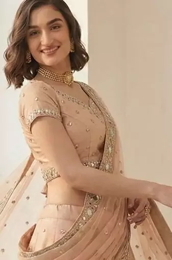Peach Embroidered Silk Blend Thread Work Lehenga Choli - Free size