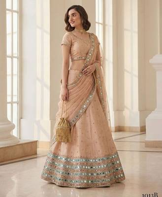 Peach Embroidered Silk Blend Thread Work Lehenga Choli - Free size 3